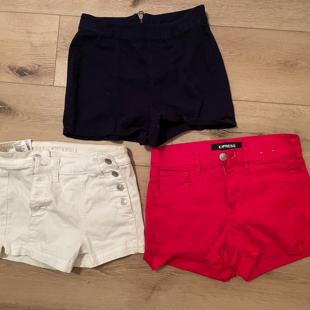 Shorts set- Express Red, AE White High Waist and Navy High Waisted Shorts